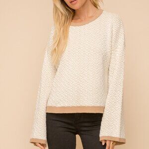 HEM & THREAD Chic Textured Knit Sweater, Cream Beige, Cozy Neutral Pullover